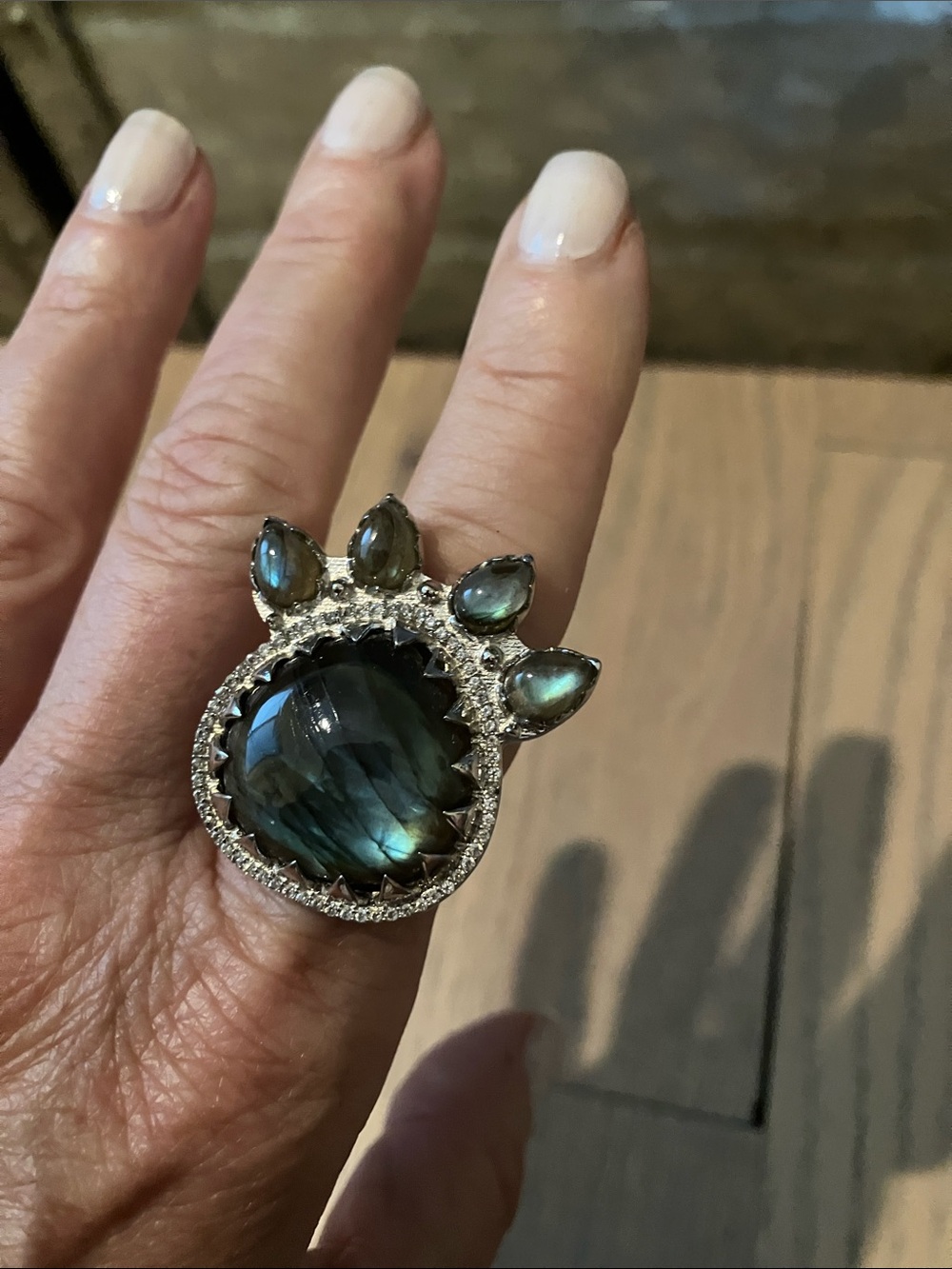 Labradorite Statement Paw Ring in Iridescent Blue-Green